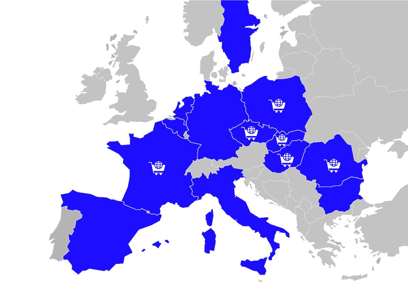 Mapa krajín, do ktorých MM Gastro posiela produkty a v ktorých prevádzkuje samostatné internetové obchody