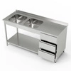 Nerezový stôl s 2-miskovým drezom a 3-zásuvkovým blokom a policou 150x60x85 cm | FORGAST