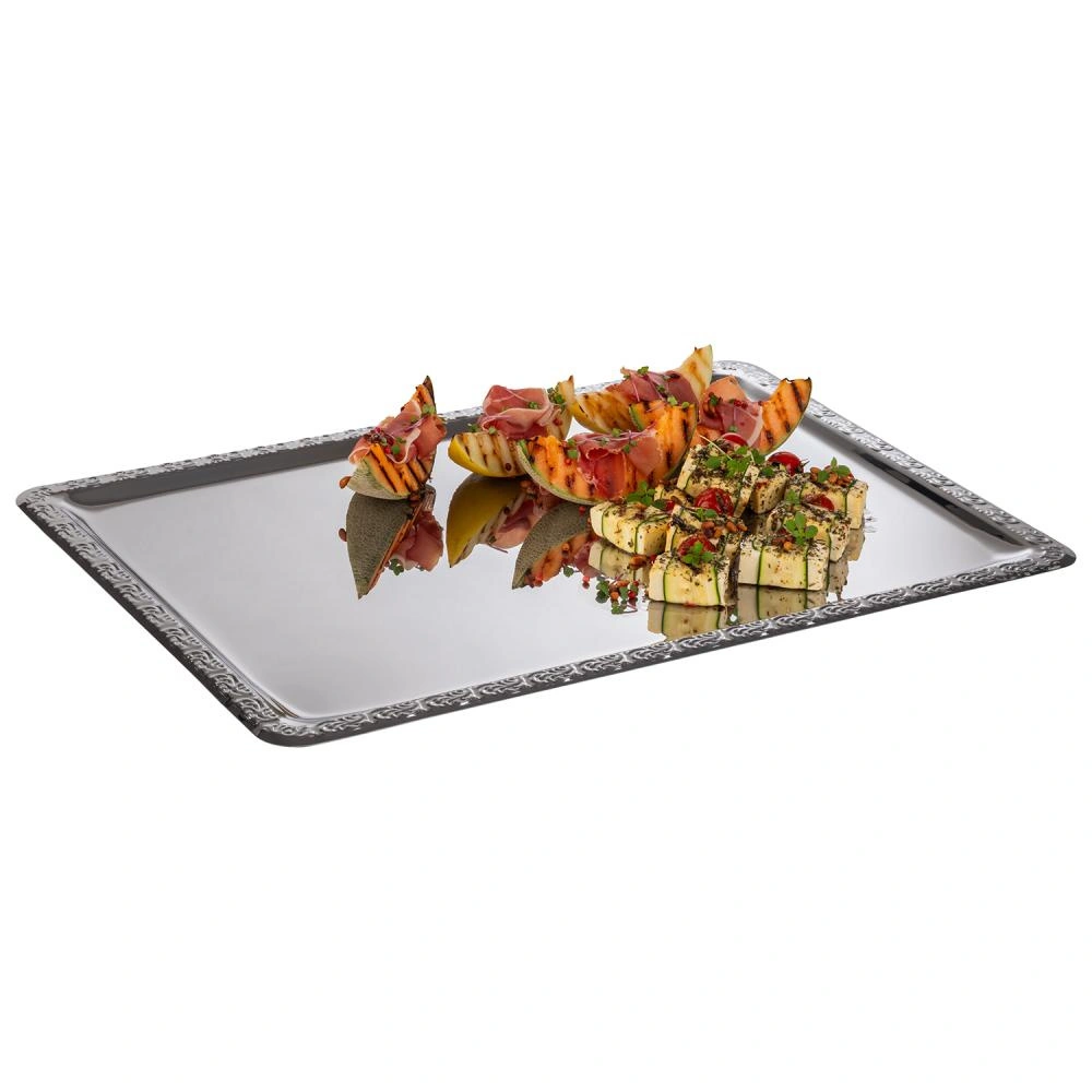 Podnos SCHÖNER ESSEN, s ozdobným okrajom, z nehrdzavejúcej ocele, 63.5x44.5x2 cm | APS 384