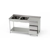 Nerezový stôl s 2-miskovým drezom a 3-zásuvkovým blokom a policou 190x70x85 cm | FORGAST