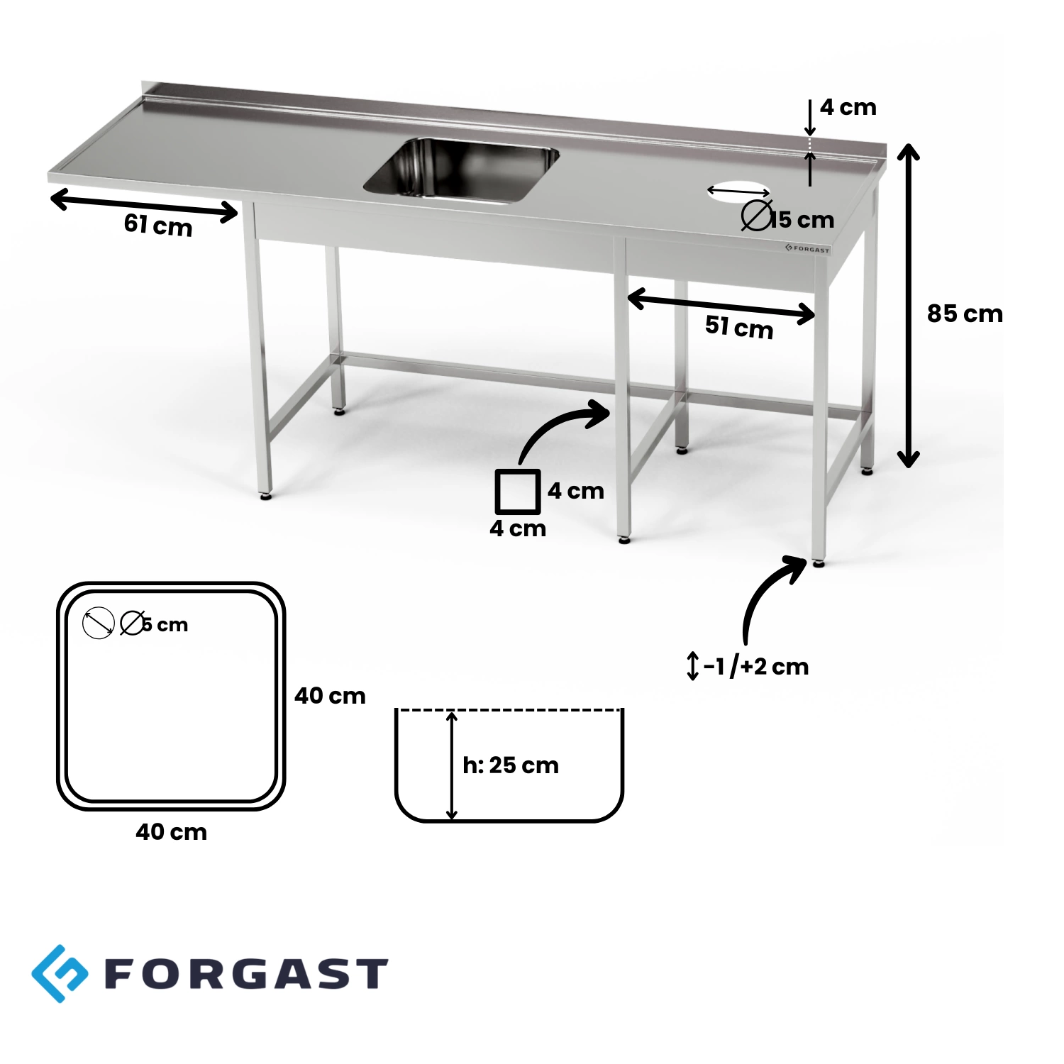 Nerezový stôl s drezom s 1 miskou, priestorom na umývačku riadu a otvorom na odpad 270x70x85 cm | FORGAST