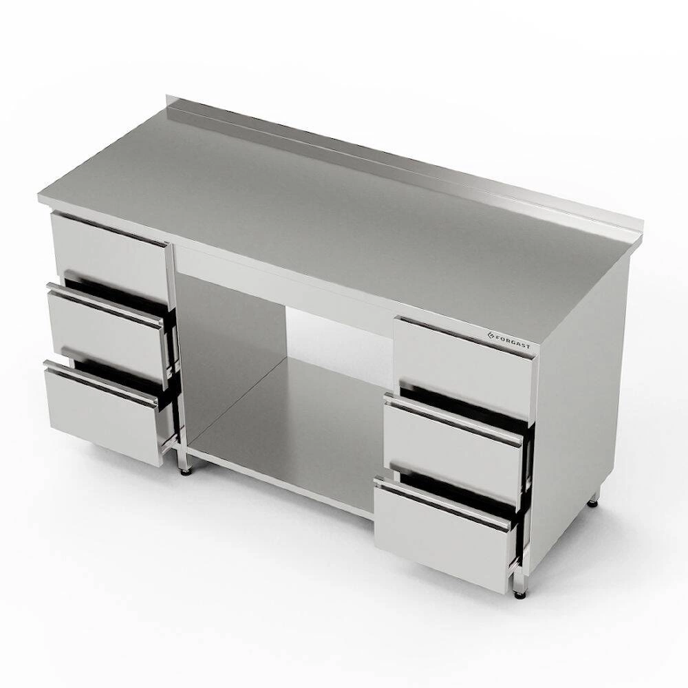 Pracovný stôl z nehrdzavejúcej ocele s 2 blokmi s 3 zásuvkami a policou 180x70x85 cm | FORGAST