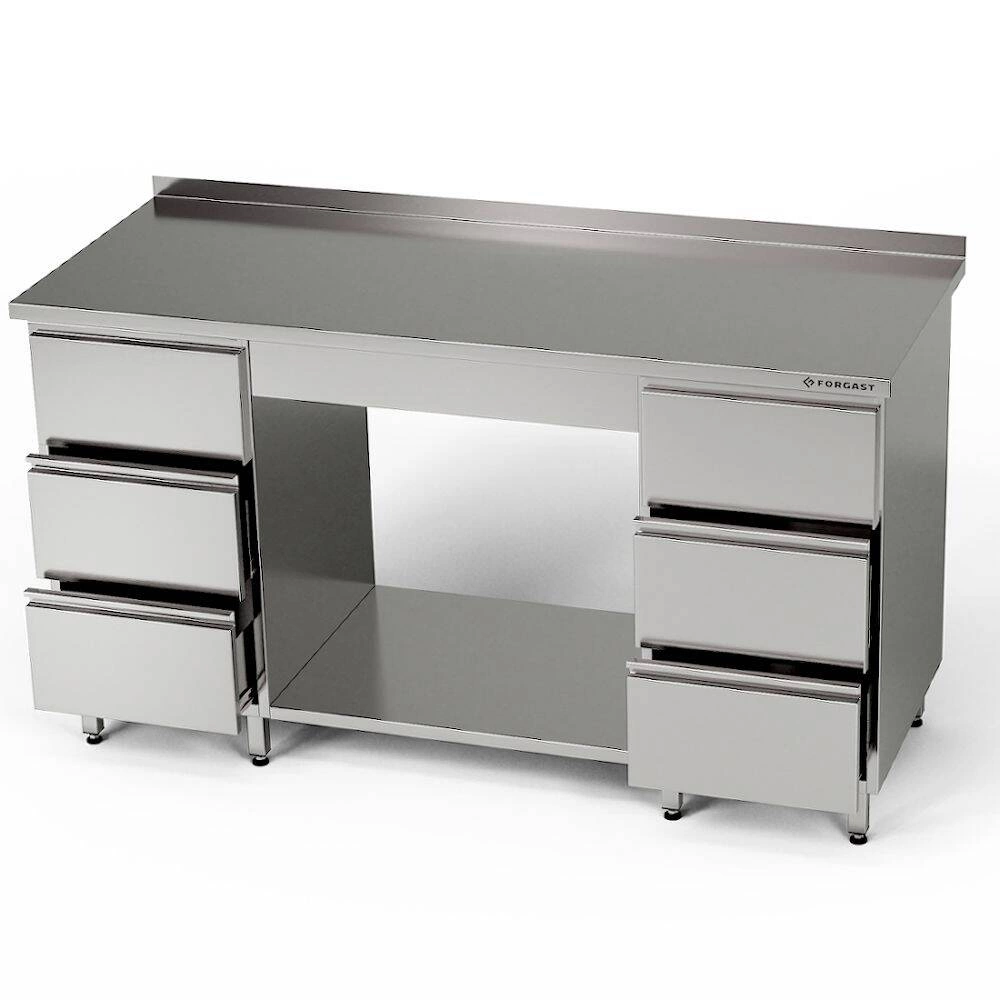 Pracovný stôl z nehrdzavejúcej ocele s 2 blokmi s 3 zásuvkami a policou 180x70x85 cm | FORGAST