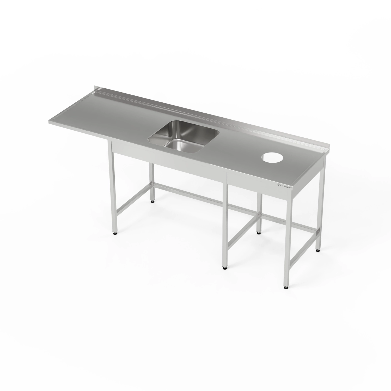 Nerezový stôl s drezom s 1 miskou, priestorom na umývačku riadu a otvorom na odpad 270x70x85 cm | FORGAST