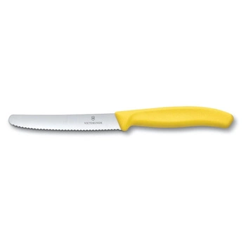 Švajčiarsky nôž na zeleninu a ovocie Classic so zúbkovanou čepeľou žltej farby s dĺžkou 11 cm | VICTORINOX 6.7836.L118