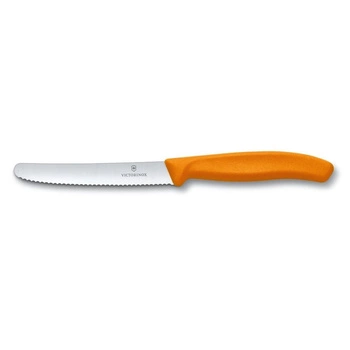 Švajčiarsky nôž na zeleninu a ovocie Classic so zúbkovaným ostrím oranžovej farby s dĺžkou čepele 11 cm | VICTORINOX 6.7836.L119