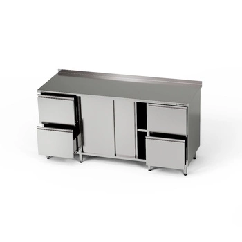 Pracovný stôl z nehrdzavejúcej ocele so skrinkou a 2 blokmi s 2 zásuvkami 250x60x85 cm | FORGAST