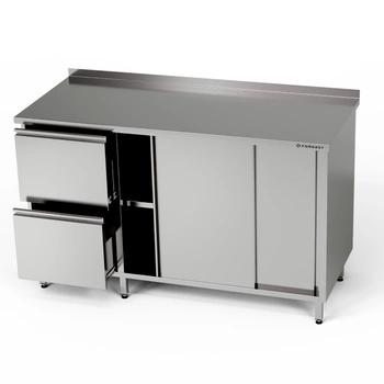 Pracovný stôl z nehrdzavejúcej ocele so skrinkou a blokom zásuviek 240x70x85 cm | FORGAST