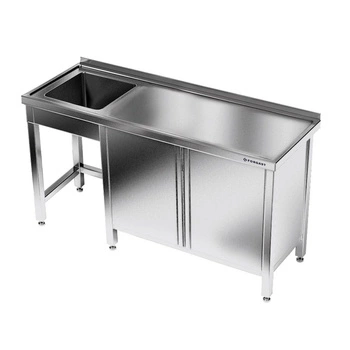 Nerezový stôl s jednokomorovým drezom a skrinkou 240x60x85 cm | FORGAST