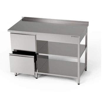 Pracovný stôl z nehrdzavejúcej ocele s blokom zásuviek a dvoma policami 200x60x85 cm | FORGAST